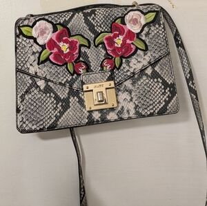 Snake Print Crossbody Bag with Floral Embroidery
